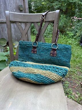 Flora Bella Woven Straw Tote Bag in Teal/Green with Brown Leather Handles